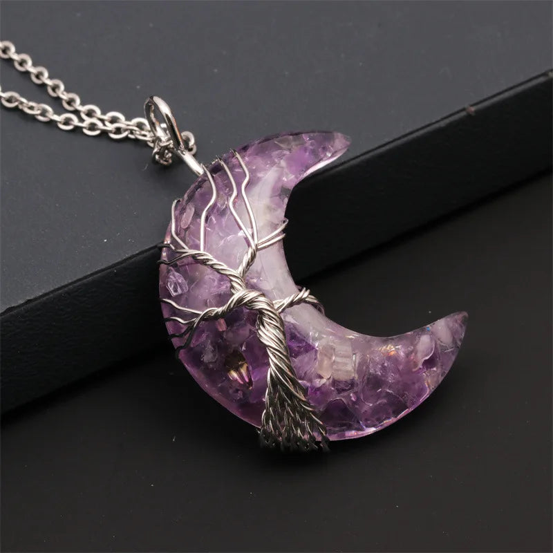 Natürliche Kristall Mond Anhänger Halskette Baum des Lebens Amethyst Reiki poliert Mineral Schmuck Heilstein für Männer Frauen Schmuck