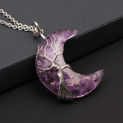 Natürliche Kristall Mond Anhänger Halskette Baum des Lebens Amethyst Reiki poliert Mineral Schmuck Heilstein für Männer Frauen Schmuck
