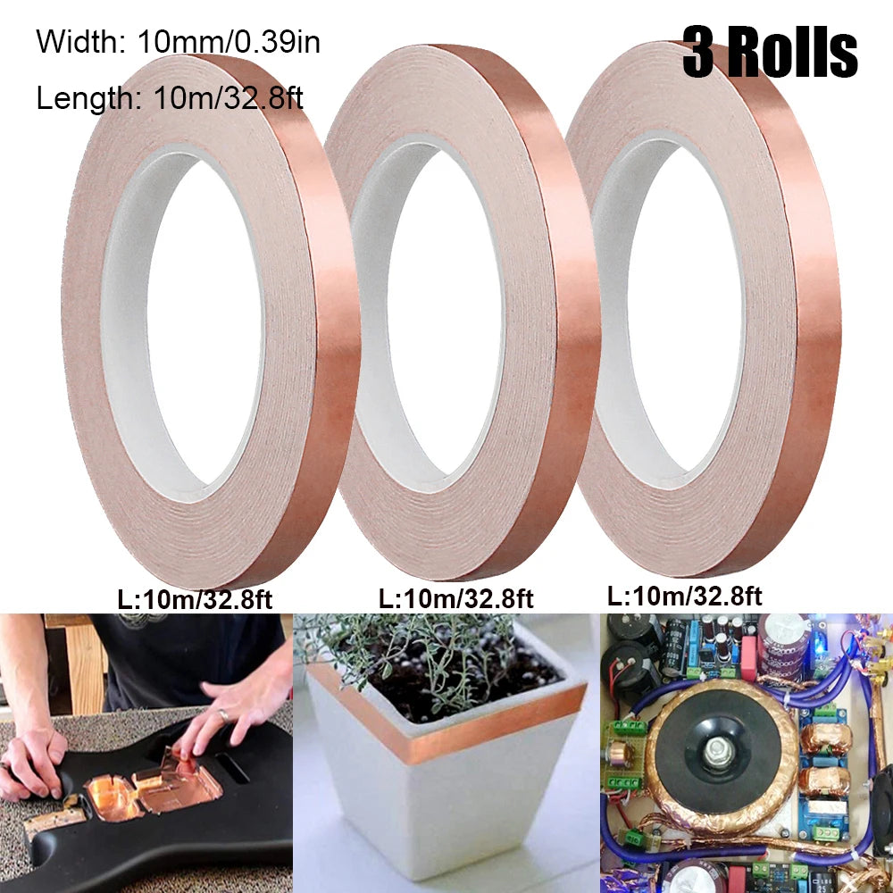 3 Rollen Kupferfolienband, selbstklebend, einseitig, leitende Schnecke, EMI-Abschirmung, DIY-Schaltung, elektrische Reparaturbänder