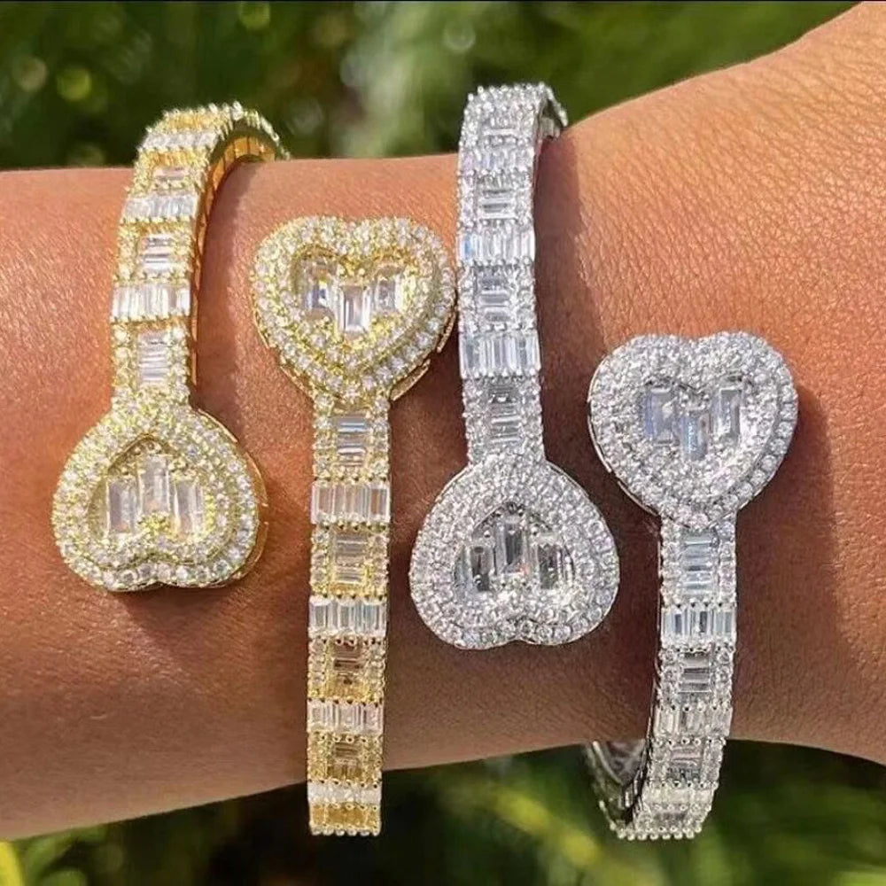 Neue Iced Out Bling Schmetterling Herz Armband Silber Farbe CZ Zirkon Oval Charme Geöffnet Armreif Für Männer Frauen Hiphop Luxus schmuck