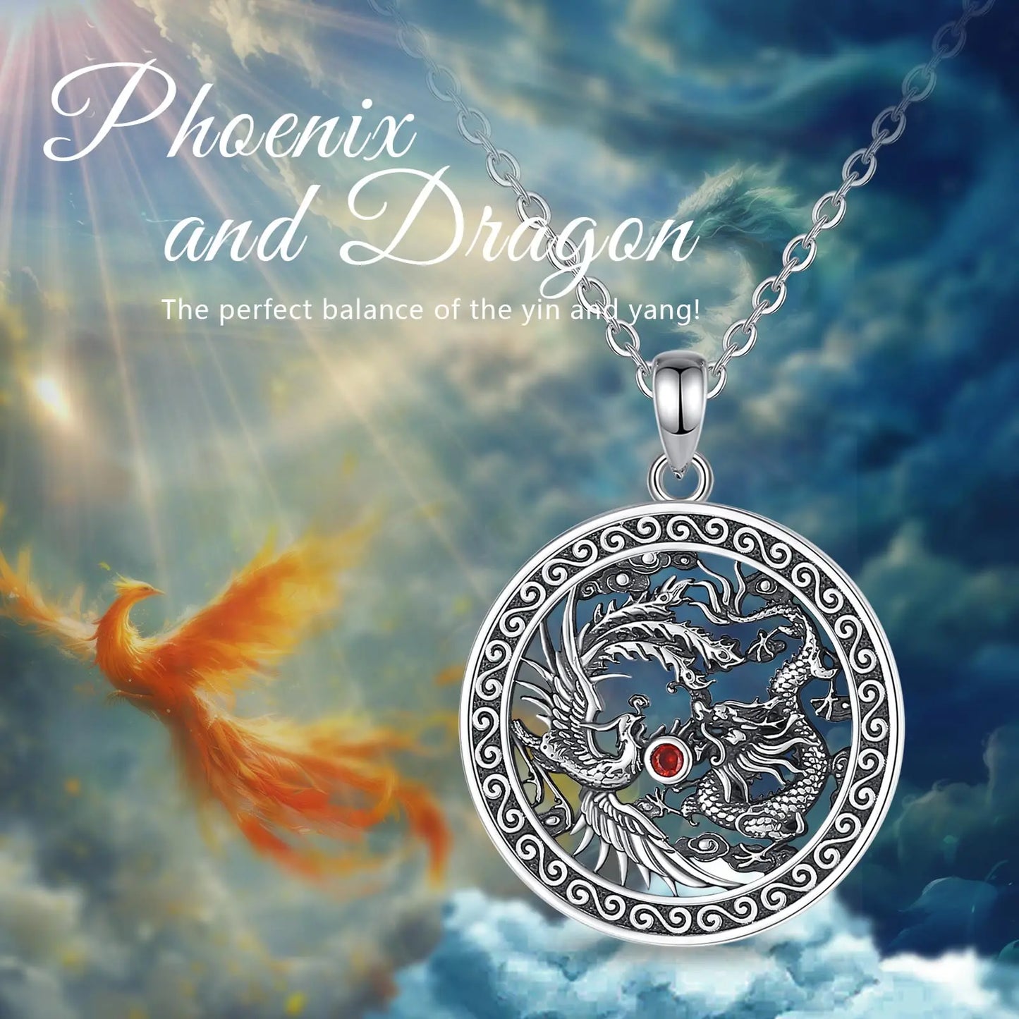 Eudora Halskette aus 925er-Sterlingsilber, Phoenix-Drachen-Halskette für Damen und Herren, Vintage-Stil, roter Zirkon, Sonnenamulett-Anhänger, Persönlichkeitsschmuck, Geschenk
