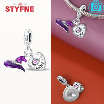 Silber 925 lila fliegender Hexenhut und Zauberbuch-Charms, Perlen, passend für Original-Armbänder, DIY-Halloween-Charm für Frauen, Schmuck, Geschenke