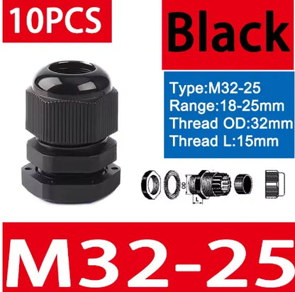 10 Stück wasserdichte Kabelverschraubungen M8-M40, schwarze Kunststoff-Dichtungsverbindungen, IP68, Nylon-Stecker, Gummi-Kabelverschraubung für verschiedene Größen