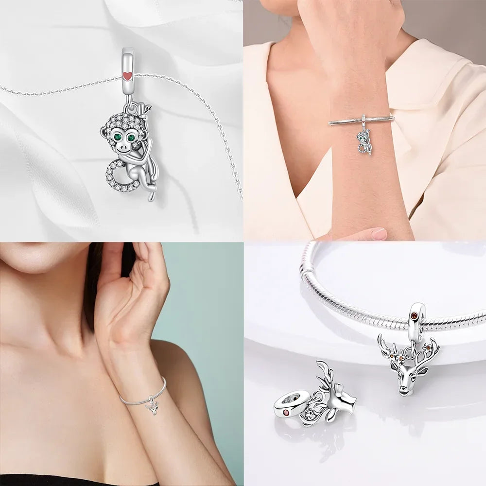 Exquisite Charms aus 925er Silber, Sika-Hirsch, Elch, Leopard, Löwe, Affe, Perlen, passend für Original-Charm-Armbänder, Mode-Anhänger, Geschenk