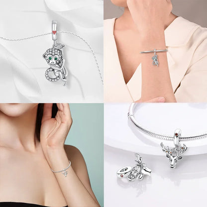 Exquisite Charms aus 925er Silber, Sika-Hirsch, Elch, Leopard, Löwe, Affe, Perlen, passend für Original-Charm-Armbänder, Mode-Anhänger, Geschenk
