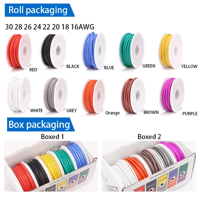 Box-Verpackungsset aus weichem Silikondraht, hitzebeständiges Litzenkabel, 30/28/26/24/22/20/18/17/16 AWG, elektrisches verzinntes Kupfer
