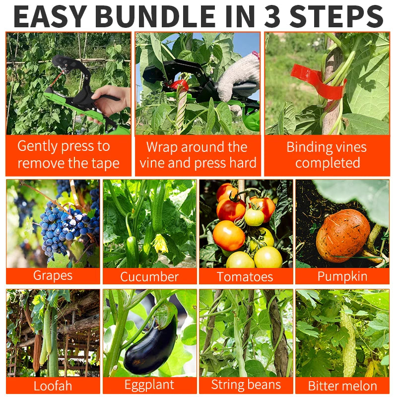Onnfang Garten-Handbindemaschine, Pflanze, leicht, Gartengeräte, Pflanzenband-Werkzeug für Gemüse, Trauben, Tomaten, Gurken, Garten