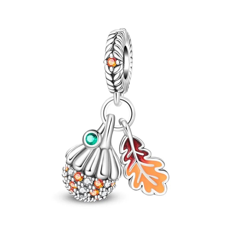 Kürbishaus-Perlen und Kuchen-Donut-Herzform aus 925er-Sterlingsilber, dreifach baumelnder Charm, passend für Armbänder, goldene orangefarbene Anhänger-Geschenke
