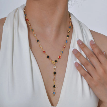 Lange Y-förmige Halskette, mehrfarbige Steinperlenkette Y2K-Halskette für Frauen, handgefertigter Boho-Sommerschmuck