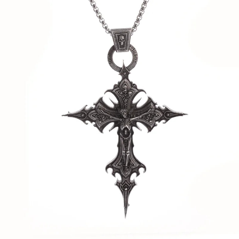 Vintage Gothic Totenkopf Jesus Kreuz Anhänger Halskette Katholischer Schmuck für Männer Punk Religiöse Amulett Halskette