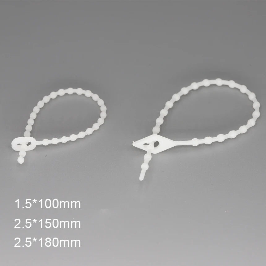 100 Stück 1,5 x 100 mm, 2,5 x 150/180 mm, weißer Nylon-Kunststoff, wiederverwendbar, lösbar, Drahtverschluss, Schleife, Perlenknoten, Kugel, Kabelbinder