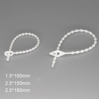 100 Stück 1,5 x 100 mm, 2,5 x 150/180 mm, weißer Nylon-Kunststoff, wiederverwendbar, lösbar, Drahtverschluss, Schleife, Perlenknoten, Kugel, Kabelbinder
