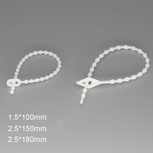 100 Stück 1,5 x 100 mm, 2,5 x 150/180 mm, weißer Nylon-Kunststoff, wiederverwendbar, lösbar, Drahtverschluss, Schleife, Perlenknoten, Kugel, Kabelbinder