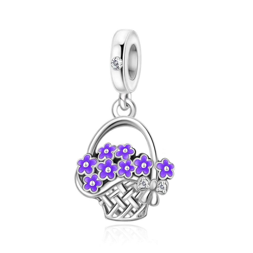 Charm-Anhänger aus 925er-Sterlingsilber mit eingelegten herzförmigen Perlen und Rosen-Anhänger, passend für Schlangenarmband, Boutique-Halskette, lila Anhänger, Geschenk