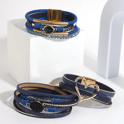 ALLYES Retro Blue Leather Bracelets for Women Men Boho Charm Pearl Crystal Heart Multilayer Wrap Bracelet &amp; Bangle Jewelry Gifts