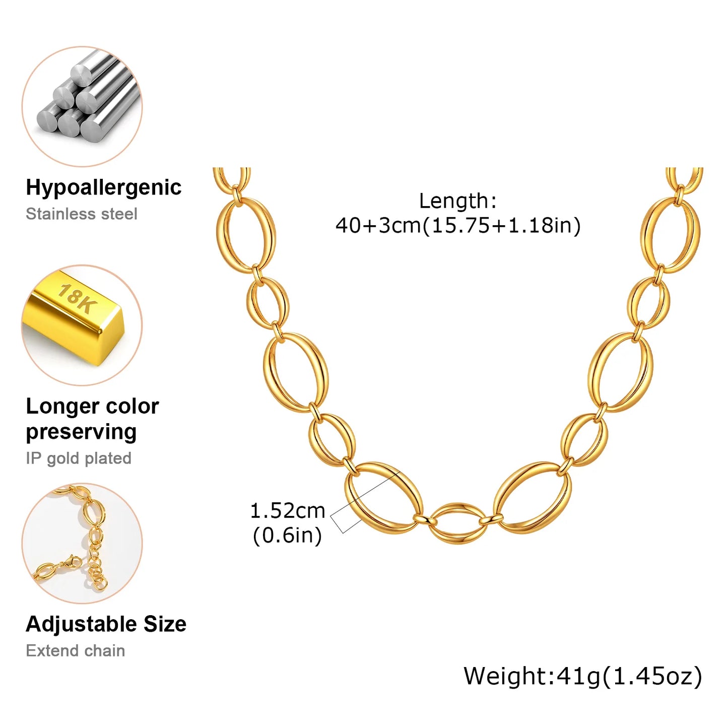 Klobige Gliederkette aus Edelstahl für Damen, vergoldete, dicke ovale Ketten-Choker-Halskette, geometrischer minimalistischer Schmuck