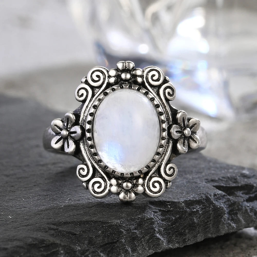 925 Silber Blume 8 * 10 mm Mondstein Ring Vintage Stil Damen Party Schmuck Geschenk für Frauen