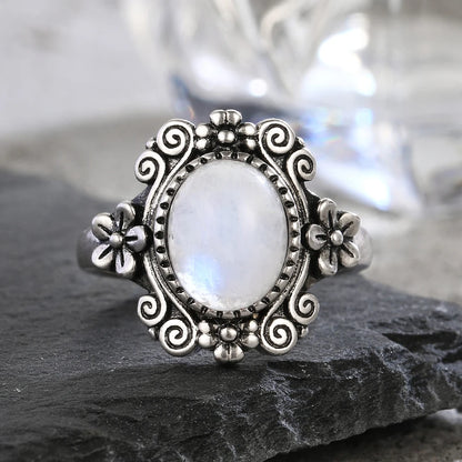 925 Silber Blume 8 * 10 mm Mondstein Ring Vintage Stil Damen Party Schmuck Geschenk für Frauen