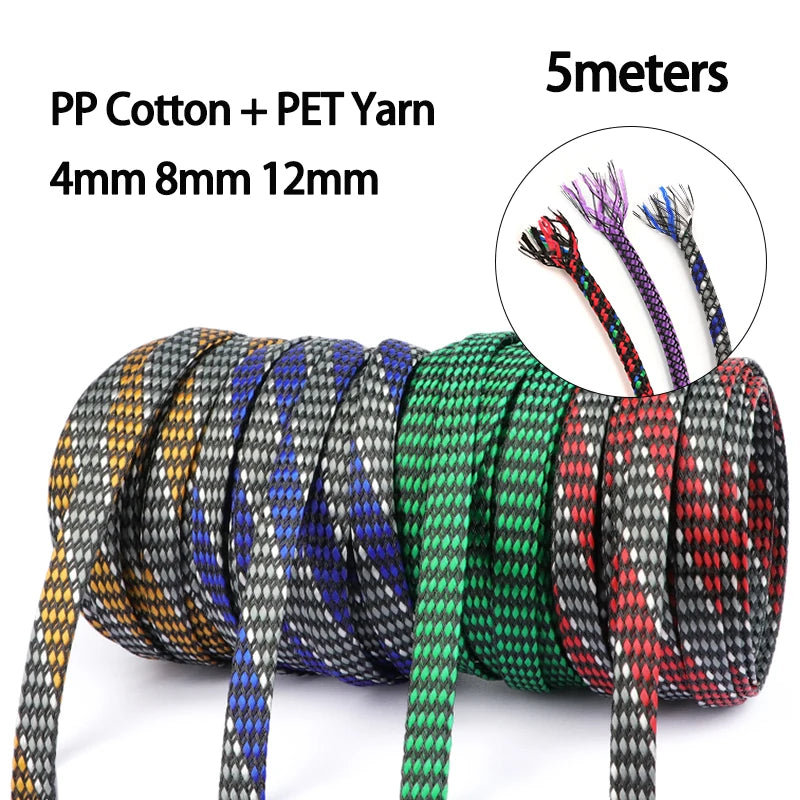 5 Meter PP-Baumwolle + PET-Garn 4mm 8mm 12mm Expandierter Geflochtener Schlauch Weicher Kabelmantel Isolierter Schutz Kabelbündel-Ummantelung