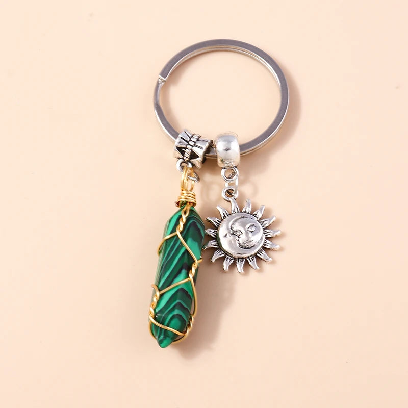 Nette Natürliche Stein Keychians Retro Silber Farbe Legierung Sonne Charms Schlüsselanhänger Frauen Männer Handtasche Anhänger Schlüssel Ketten DIY Zubehör