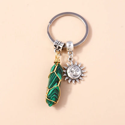 Nette Natürliche Stein Keychians Retro Silber Farbe Legierung Sonne Charms Schlüsselanhänger Frauen Männer Handtasche Anhänger Schlüssel Ketten DIY Zubehör