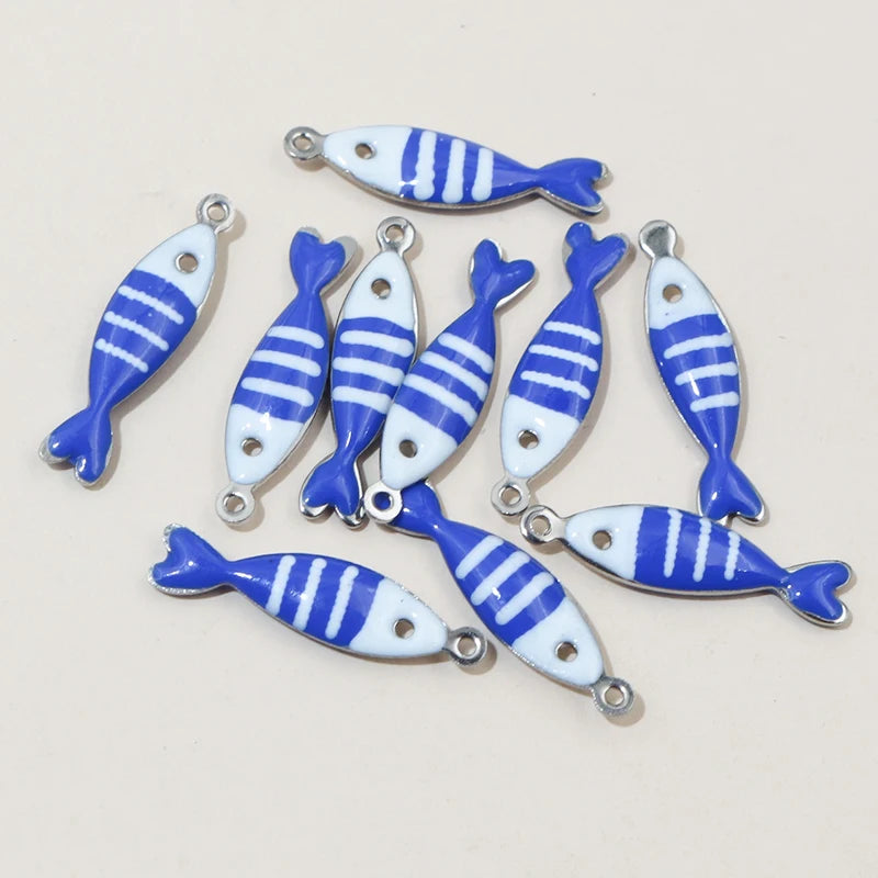 20 Stück 18x5mm Emaille gestreifte Fisch Charms Anhänger Edelstahl DIY Schmuckherstellung Zubehör für Ohrringe Halskette Schlüsselanhänger