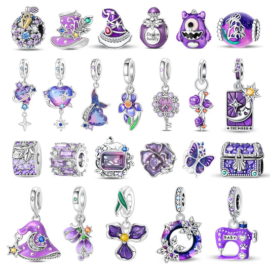 Lila Serie 925 Sterling Silber Maiglöckchen Rose Meerjungfrau Hexenhut Charm Passend für DIY Armband Halskette Charmante Geschenke