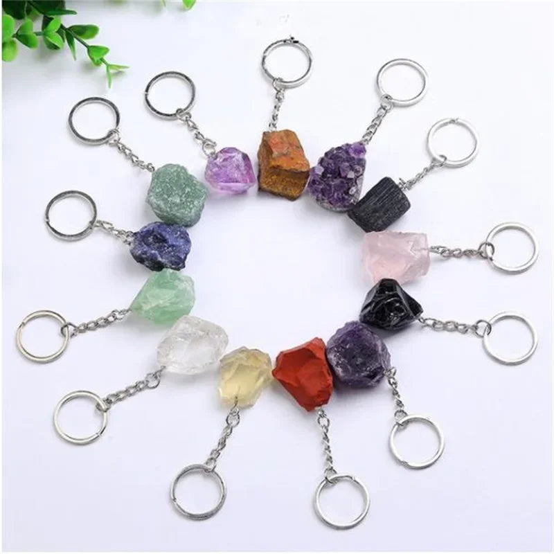 20 stücke Natürliche Raue Rohstein Kristall Quarz Schlüsselbund Frauen Männer Handtasche Hangle Auto Schlüssel Halter Raw Mineral Stein Schlüsselring schmuck