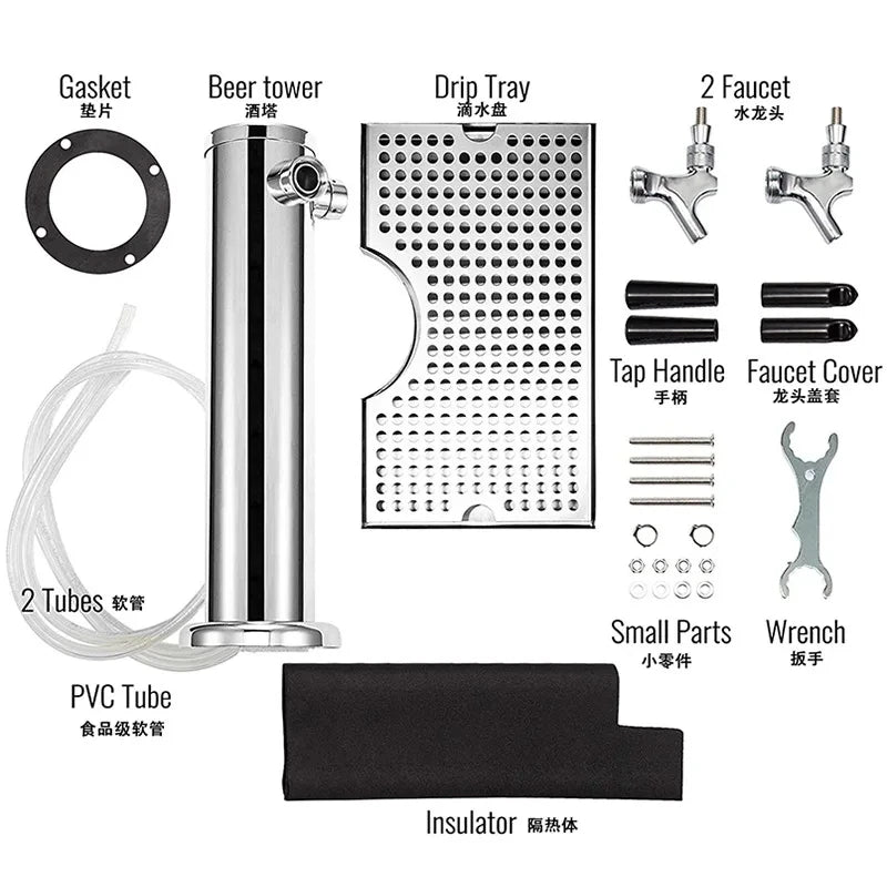 Triple Taps Fassbierturmspender mit Tropfschale, Edelstahlfass Bierturm Kegerator Tower, vormontiertes Kit für Bar