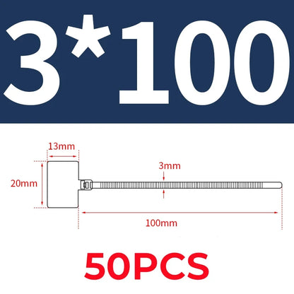 50 Stück weiße Nylon-Kabelbinder 3x100mm 4x150mm 4x200mm mit Etiketten, selbstsichernde Schlaufen, Kunststoff-Isolierung für Netzwerkkabel