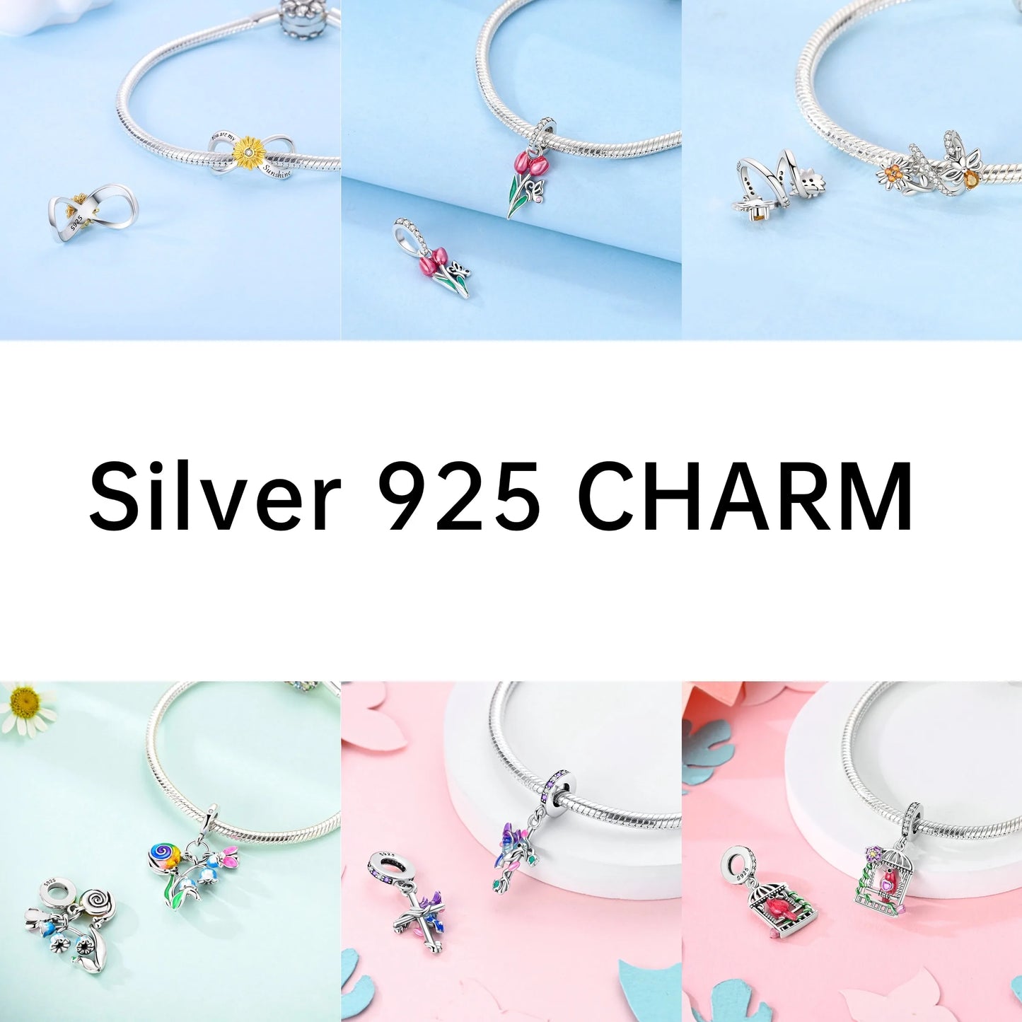 Gelber Sonnenblumen-Charm aus 925er Silber, Original-Zirkon, Kolibri, Einhorn-Charms, passend für Armbänder, DIY-Schmuck für Frauen, Hochzeitsgeschenk