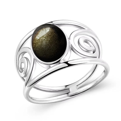 Vintage S925 Sterling Silber Ring Oval Runde Natürliche Obsidian Ring Sonne Und Blume Geformt Retro Edlen Schmuck Für Frauen Männer