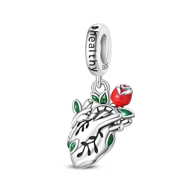 Herz- und Orgel-Charm, 925er-Sterlingsilber, roter Rosenschädel, baumelnder Anhänger, dunkle ästhetische Passform, Armreif, Halskette, DIY-Schmuck
