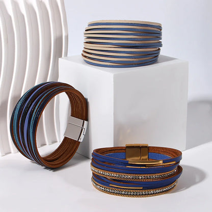 ALLYES Retro Blue Leather Bracelets for Women Men Boho Charm Pearl Crystal Heart Multilayer Wrap Bracelet &amp; Bangle Jewelry Gifts