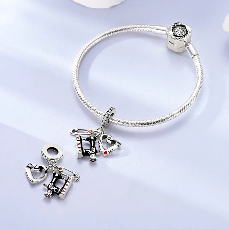Original 925 Sterling Silber Nähmaschine Schere Charms Perle eingelegt rosa Zirkonium Anhänger passen Armband Schmuck Liebhaber Geschenk