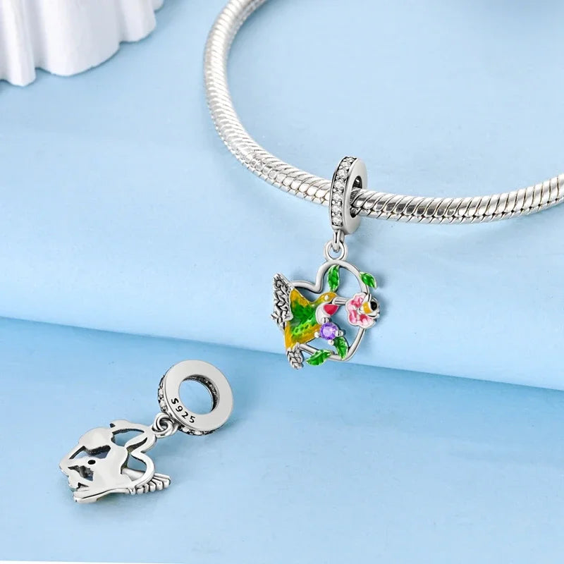 Echt S925 Sterling Silber Bunte Kolibri Blumen Charms Frühling Serie Perlen Fit Original Armbänder DIY Schmuck für Frauen