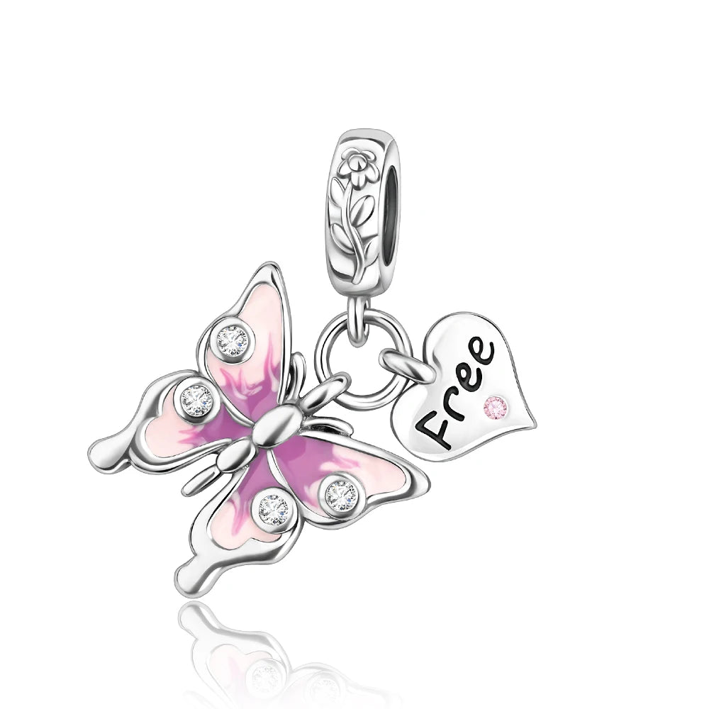 Exquisiter 925er-Sterlingsilber-Charm mit funkelndem Edelstein, Schlüssel, Blume, Schmetterling, passend für DIY-Armbänder, Halsketten, edler Schmuck, Geschenke