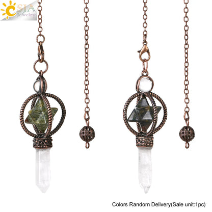 CSJA Esoterik Kristallpendel für Wünschelpen, Weissagung, Pendel, Merkaba, Naturstein-Anhänger, klarer Quarz, rote Bronze, G930