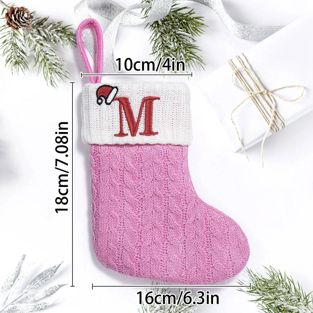 Rosa Weihnachts-Alphabet-Stricksocken, verdickt, Kawaii, exquisite Süßigkeiten-Geschenktüten, große Kapazität, Festival-Buchstaben-Stricksocken