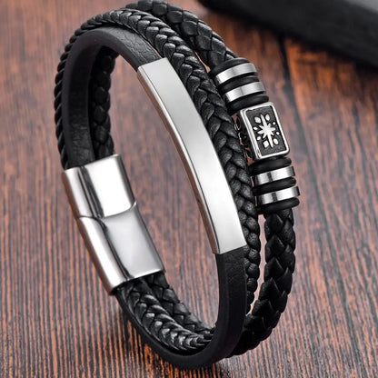 Geflochtenes Seil gewebtes schwarzes Leder Herrenarmbänder Punk-Stil Edelstahl-Armreif für Freund Charm Modeschmuck Geschenke