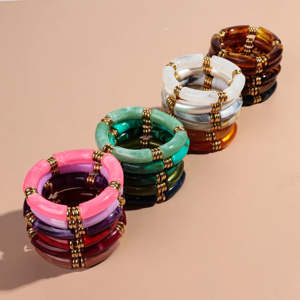 Vintage Chunky Bamboo Elbow Acrylic Bracelets for Women Men Rock Punk Stretch Large Curved Tube Stacking Bangle Couple Jewelry Gifts