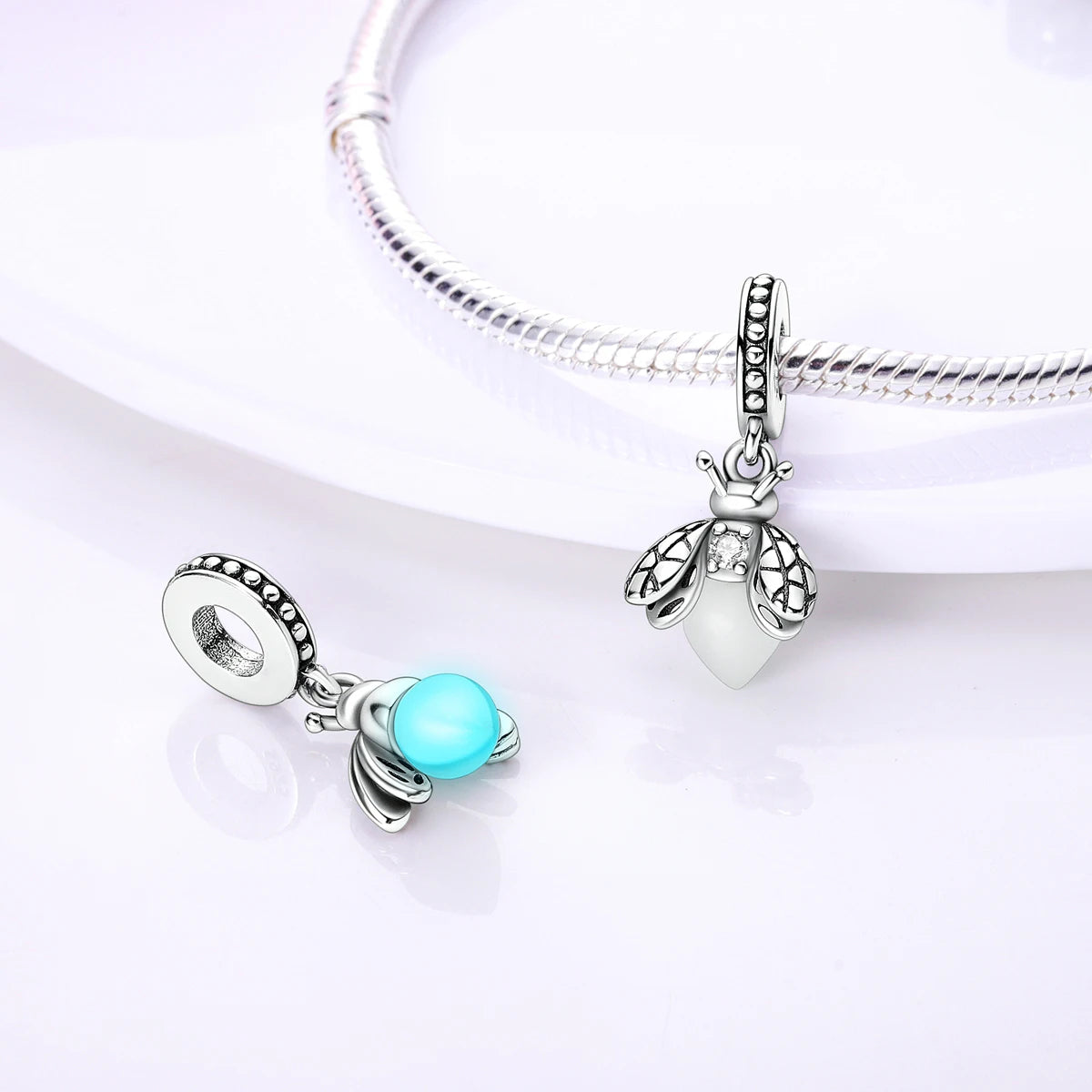 Original 925er Silber-Charm-Perlen, leuchtender, leuchtender Glühwürmchen-Schmetterlings-Anhänger, passend für Armbänder, Charm-Herstellung von Schmuck