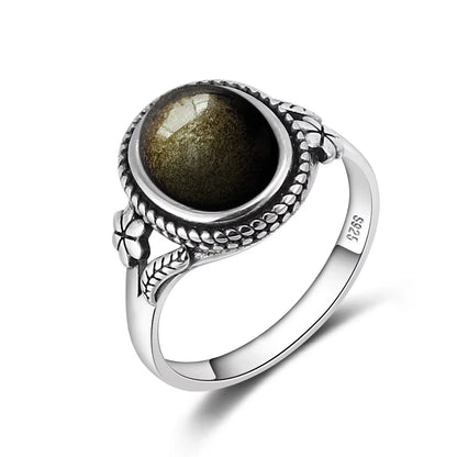 Vintage S925 Sterling Silber Ring Oval Runde Natürliche Obsidian Ring Sonne Und Blume Geformt Retro Edlen Schmuck Für Frauen Männer
