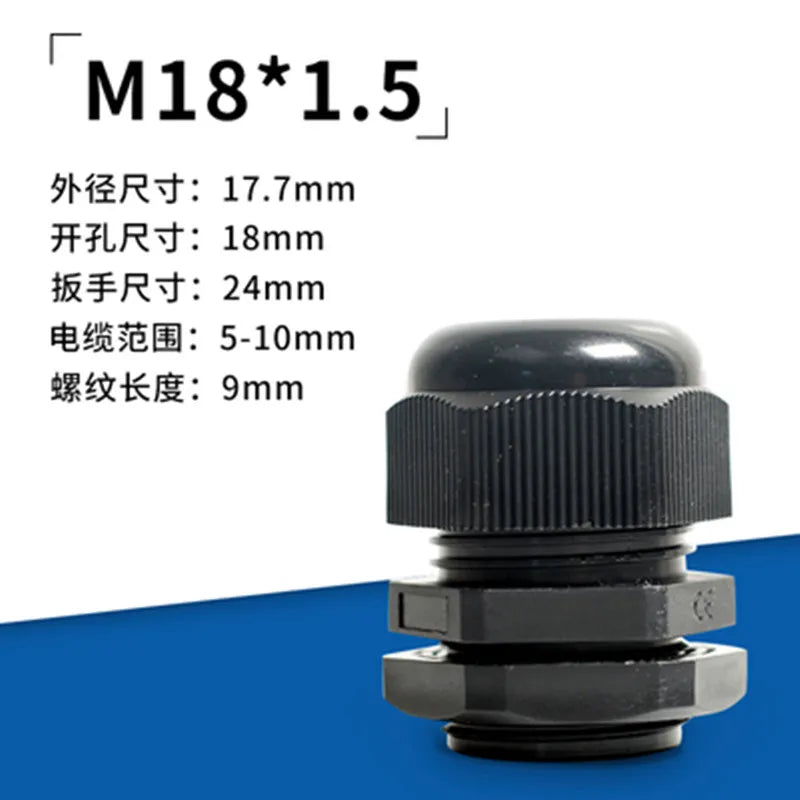 Schwarzes Nylon-Elektrokabel, wasserdicht, M10, M12, M14, M16, M18, M20, M22, M24, M25 x 1,5 mm, Kabelverschraubung x 20