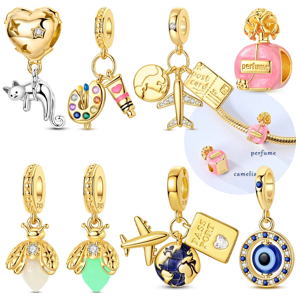 Original 925 Silber Gold Glühwürmchen Grün Leuchtender Anhänger Flugzeug Erde Rosa Parfüm Flasche Perlen Fit Armband Schmuck Diy Frauen