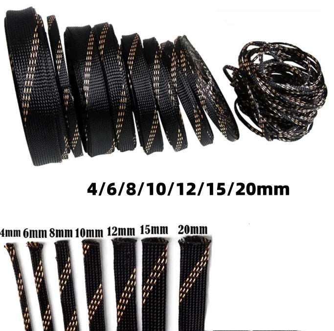 20/100M Schwarzgoldener PET-Geflechtschlauch 4-20mm Dehnbare Kabelummantelung zum Schutz und zur Isolierung von Kabelbäumen
