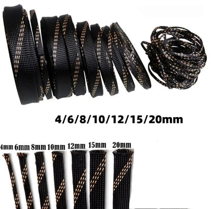 20/100M Schwarzgoldener PET-Geflechtschlauch 4-20mm Dehnbare Kabelummantelung zum Schutz und zur Isolierung von Kabelbäumen