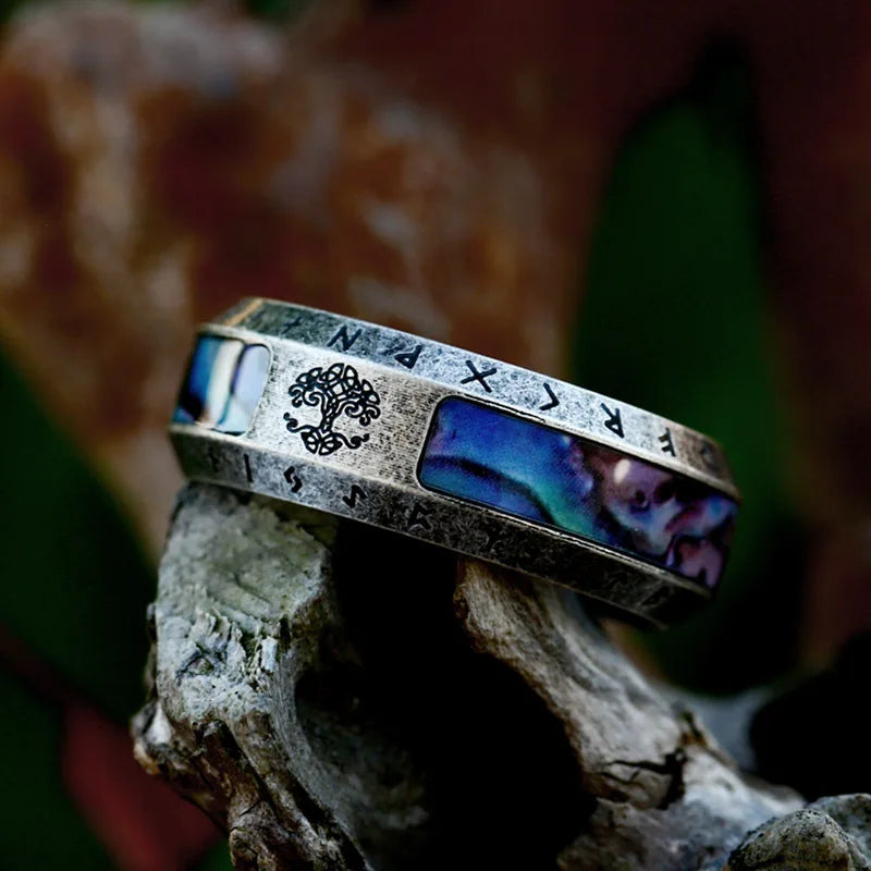 Mode Wikinger Baum des Lebens Edelstahl Abalone Muschel ringe für Männer Odin Norse Wikinger Runen ringe Retro Amulett Schmuck Geschenk