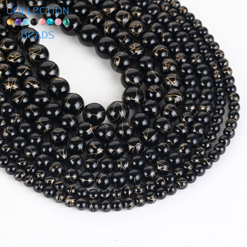 Natürliche Stein Perlen 6 8 10 12mm Schwarz Gold Farbe Linie Achate Runde Perlen Für Schmuck Machen DIY handgemachte Armband Halskette 15''