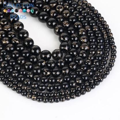 Natürliche Stein Perlen 6 8 10 12mm Schwarz Gold Farbe Linie Achate Runde Perlen Für Schmuck Machen DIY handgemachte Armband Halskette 15''
